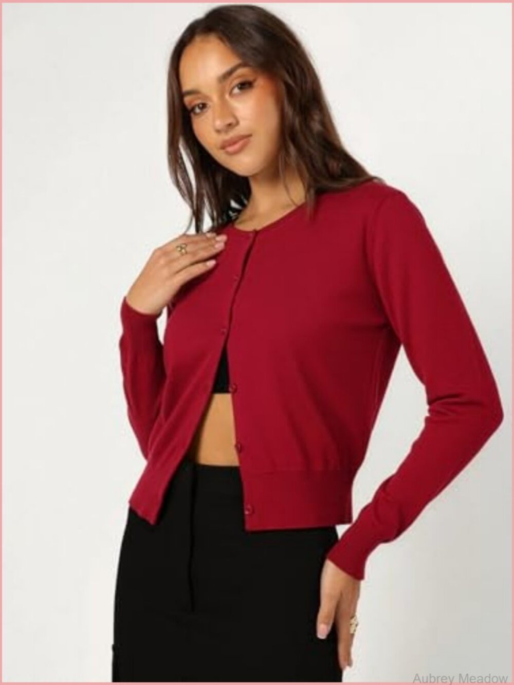 Cropped Cardigan Sweater Women Long Sleeve Crewneck Button Down Knit - Picture 3 of 7